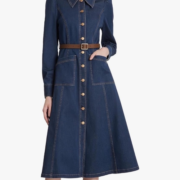 Women's Denim Dress Button Down Lapel Collar Casual Midi Dress with Belt - Picture 6 of 16